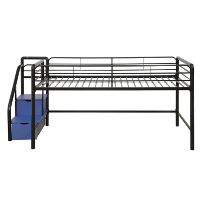 Kids' Junior Metal Loft Bed With Storage Steps And Curtain Set Black/Blue - Room & Joy - Image 4