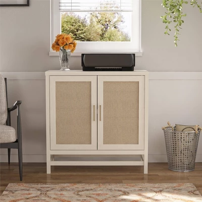 Latta 2 Door Storage Cabinet Ivory Oak/Faux Rattan - Room & Joy