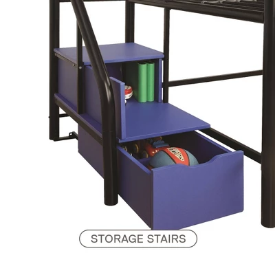Kids' Junior Metal Loft Bed With Storage Steps And Curtain Set Black/Blue - Room & Joy - Image 6