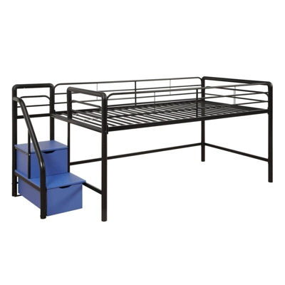 Kids' Junior Metal Loft Bed With Storage Steps And Curtain Set Black/Blue - Room & Joy - Image 5